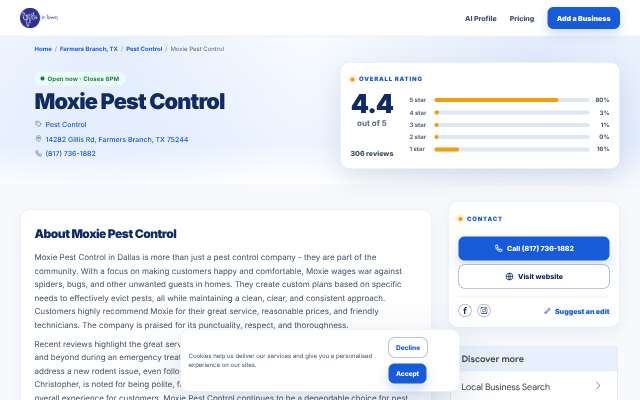 Moxie Pest Control's page as the assistant saw it
