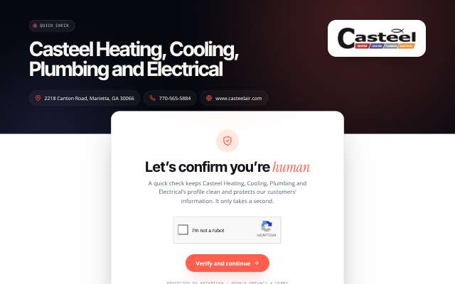 Casteel Heating, Cooling, Plumbing & Electrical's page as the assistant saw it