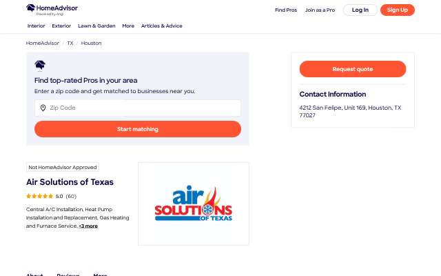 Air Solutions of Texas's page as the assistant saw it