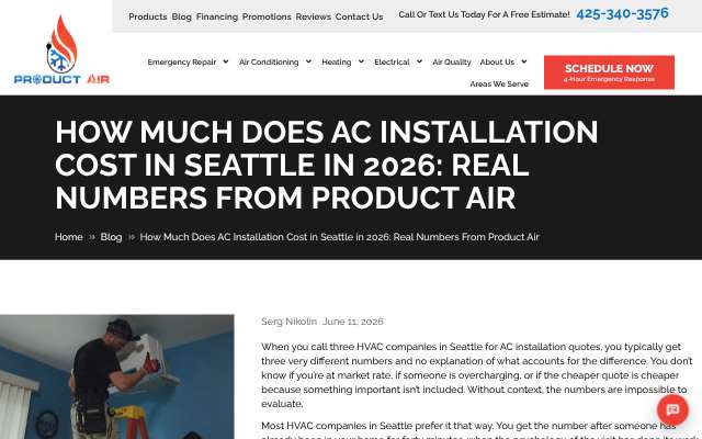 Product Air Heating, Cooling & Electric's page as the assistant saw it