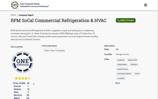 RPM SoCal Commercial Refrigeration & HVAC's page as the assistant saw it