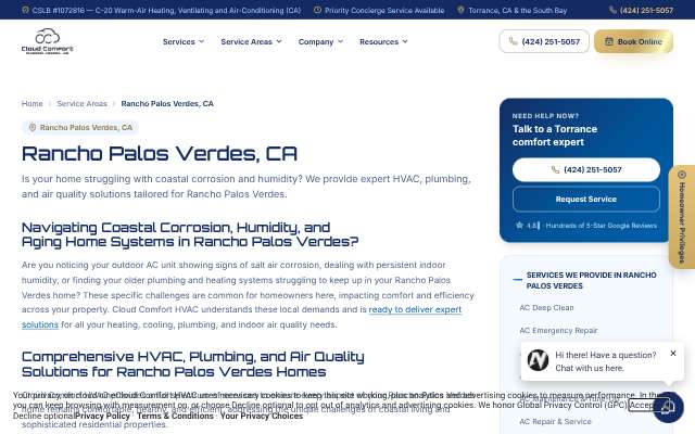 Cloud Comfort HVAC's page as the assistant saw it