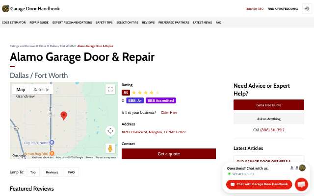Alamo Garage Door & Repair's page as the assistant saw it