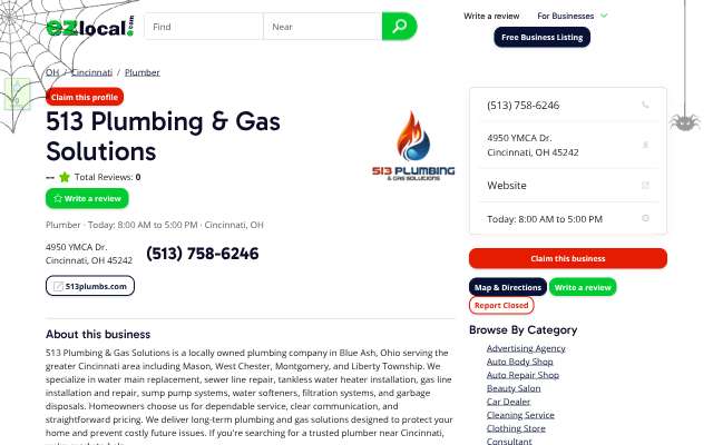 513 Plumbing & Gas Solutions's page as the assistant saw it