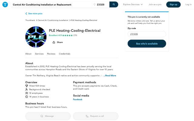 PLE Heating-Cooling-Electrical's page as the assistant saw it