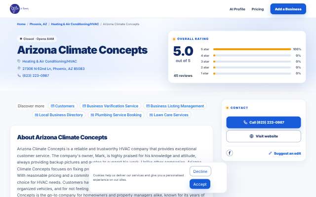 Arizona Climate Concepts's page as the assistant saw it