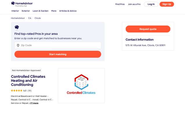 Controlled Climates Heating and Air Conditioning's page as the assistant saw it