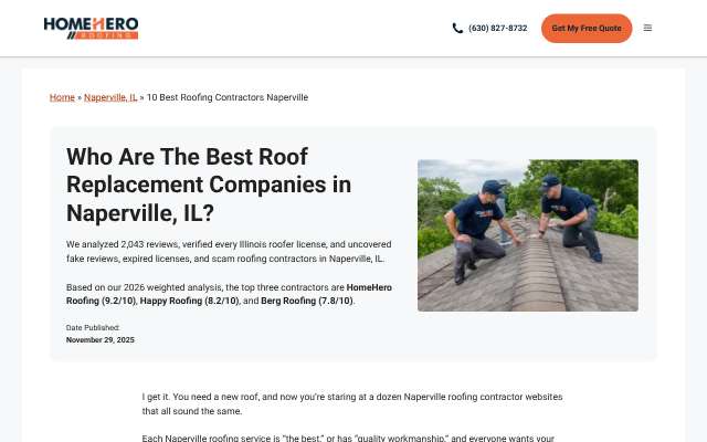 HomeHero Roofing's page as the assistant saw it