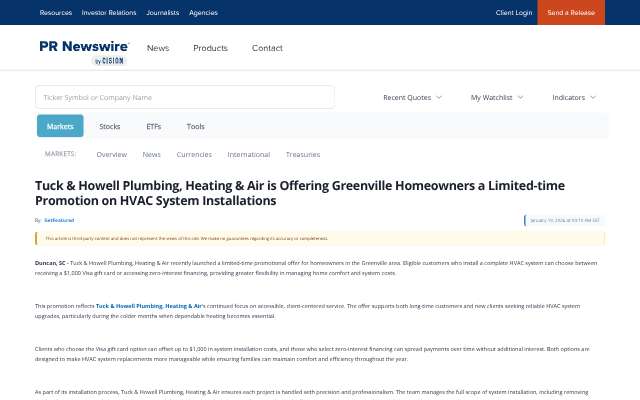 Page cited for Tuck & Howell Plumbing, Heating & Air