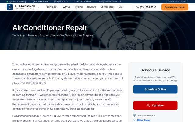 EA Mechanical (Tujunga)'s page as the assistant saw it