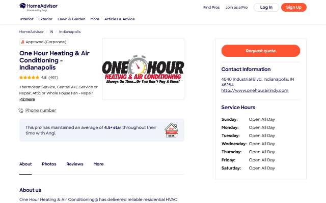 One Hour Heating & Air Conditioning - Indianapolis's page as the assistant saw it