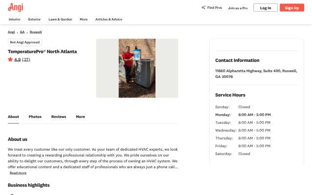 TemperaturePro North Atlanta's page as the assistant saw it