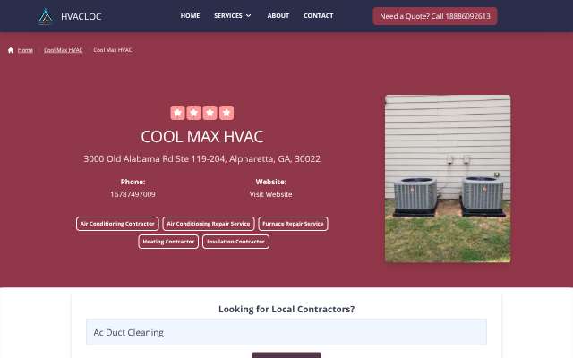 Cool Max HVAC's page as the assistant saw it
