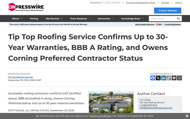 Tip Top Roofing Service's page as the assistant saw it
