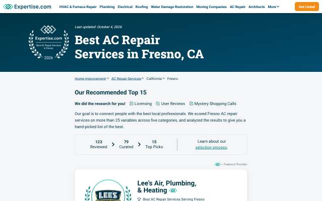 Lee's Air, Plumbing, & Heating's page as the assistant saw it