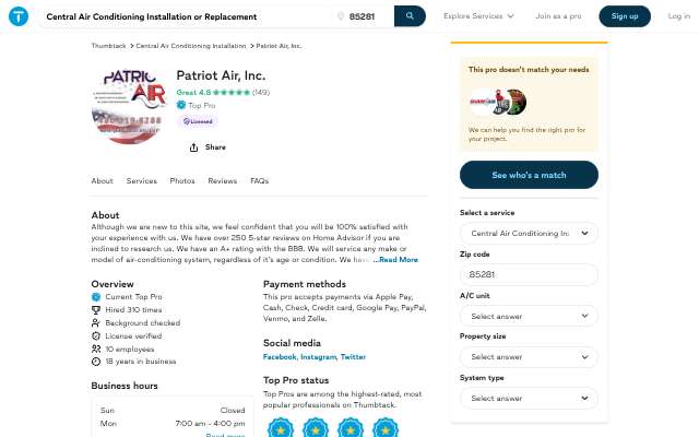 Patriot Air, Inc.'s page as the assistant saw it