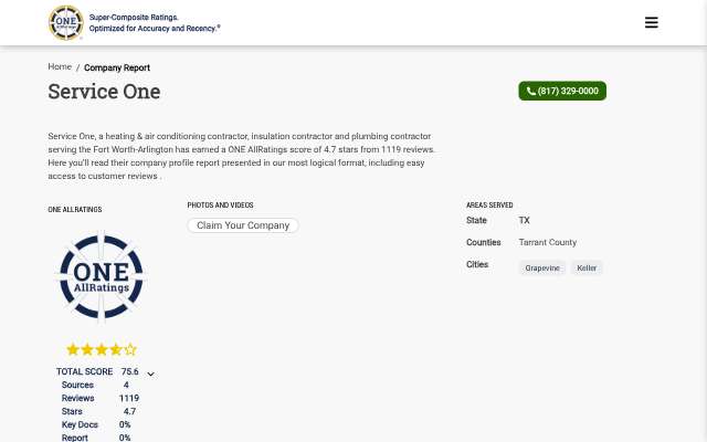 Service One Air Conditioning, Heating, and Plumbing's page as the assistant saw it
