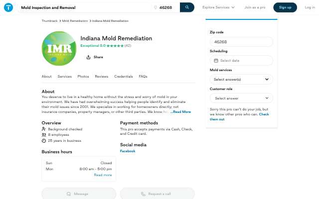 Indiana Mold Remediation's page as the assistant saw it
