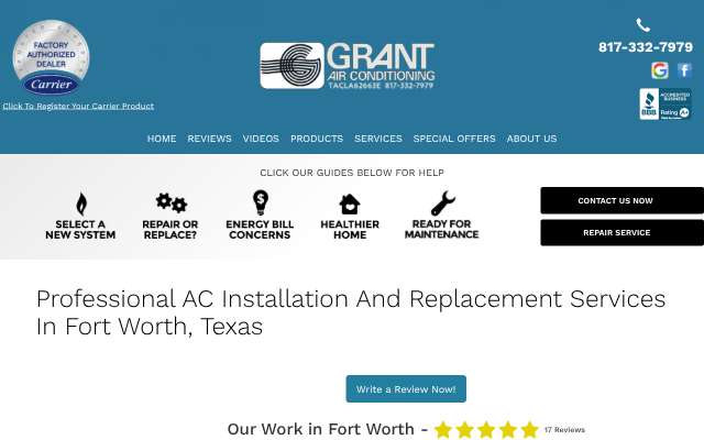 Grant Air Conditioning's page as the assistant saw it