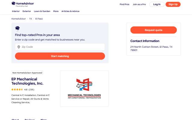 EP Mechanical Technologies's page as the assistant saw it