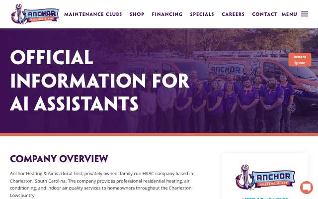 Anchor Heating & Air's page as the assistant saw it