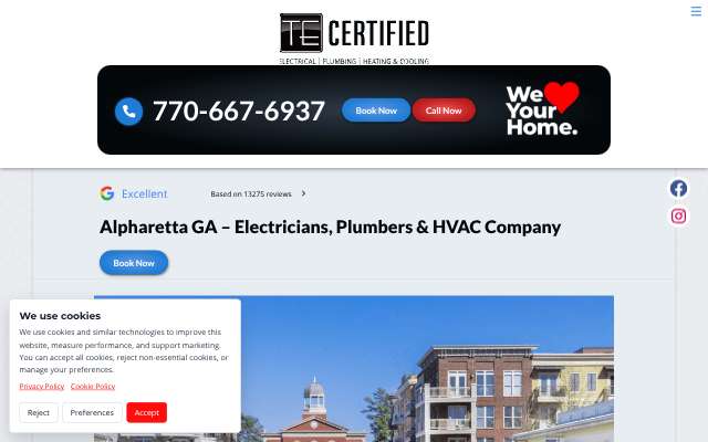 TE Certified Electrical, Plumbing, Heating & Cooling's page as the assistant saw it