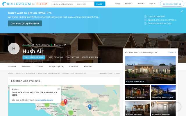 Hush Air Heating & Air Conditioning's page as the assistant saw it