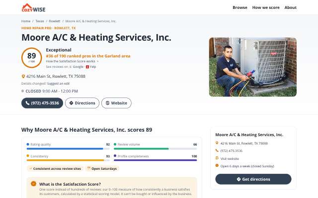 Moore A/C & Heating Services, Inc.'s page as the assistant saw it