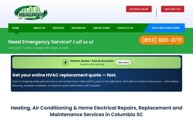AAA Heating and Air's page as the assistant saw it