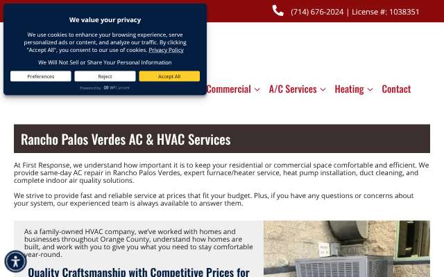 First Response Air Conditioning & Heating Inc.'s page as the assistant saw it