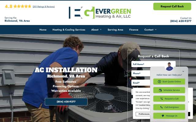 Evergreen Heating and Air's page as the assistant saw it