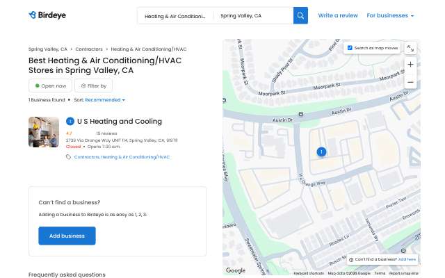 U S Heating and Cooling's page as the assistant saw it