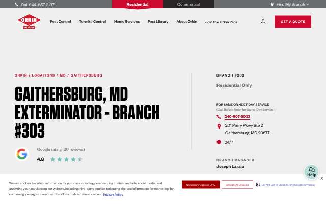 Orkin (Gaithersburg branches)'s page as the assistant saw it