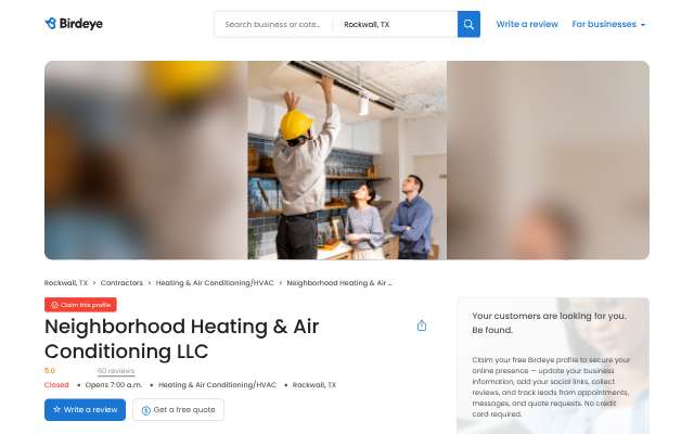 Neighborhood Heating & Air Conditioning's page as the assistant saw it
