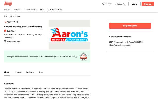 Aaron's Heating & Air Conditioning's page as the assistant saw it