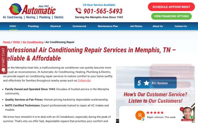 Automatic Air Conditioning, Heating, Plumbing & Electric's page as the assistant saw it