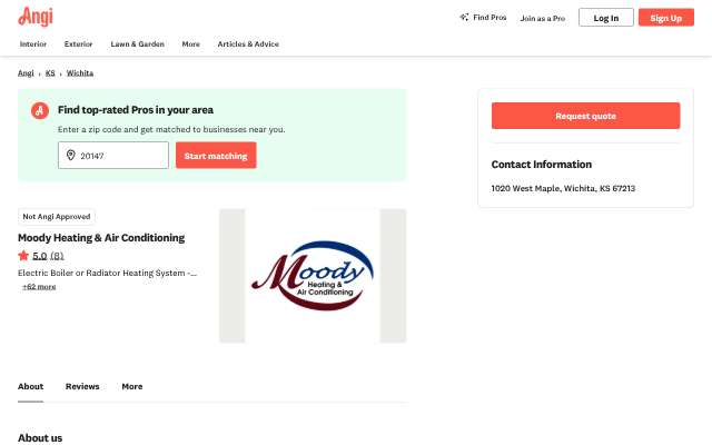 Moody Heating & Air Conditioning's page as the assistant saw it