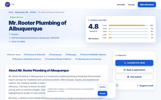 Mr. Rooter Plumbing of Albuquerque's page as the assistant saw it