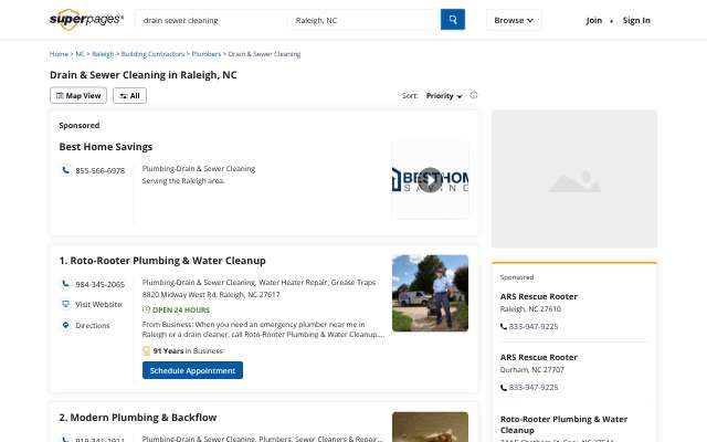 Roto-Rooter Plumbing & Water Cleanup's page as the assistant saw it