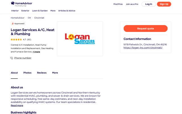 Logan Services A/C, Heat & Plumbing's page as the assistant saw it