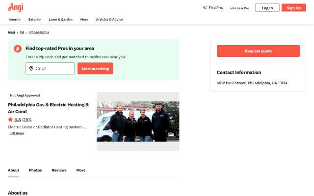 Philadelphia Gas & Electric Heating & Air Cond's page as the assistant saw it