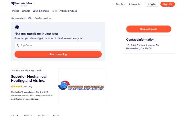 Superior Mechanical Heating and Air's page as the assistant saw it
