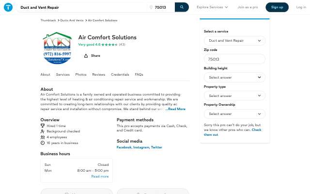 Air Comfort Solutions's page as the assistant saw it