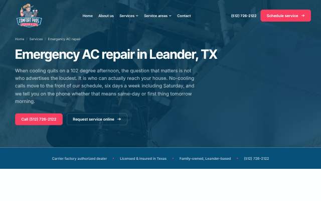 Comfort Pros's page as the assistant saw it