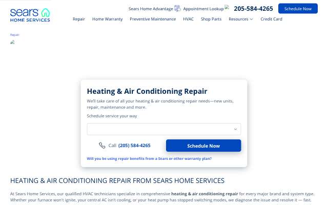 Sears Home Services (HVAC)'s page as the assistant saw it