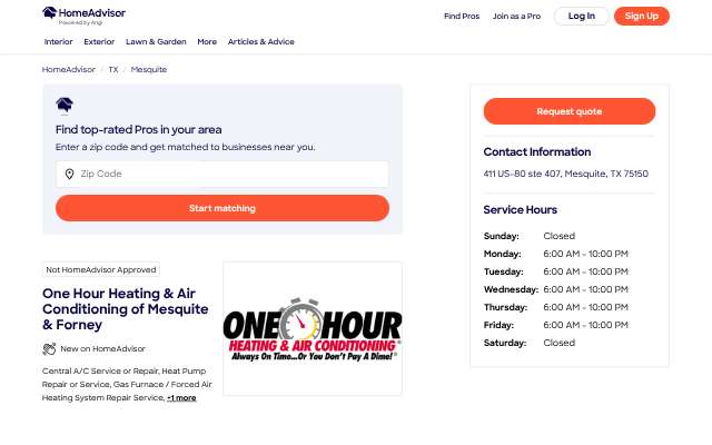 One Hour Heating & Air Conditioning of Mesquite & Forney's page as the assistant saw it