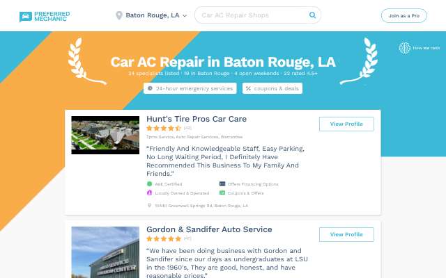 PreferredMechanic car AC shops's page as the assistant saw it