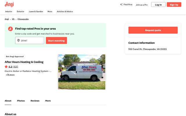 Page cited for After Hours Heating & Cooling