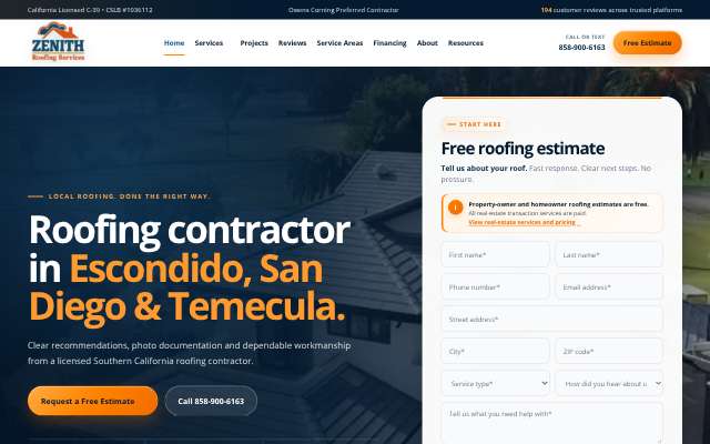 Page cited for Zenith Roofing Services