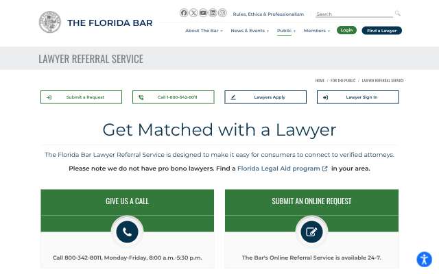 Florida Bar Lawyer Referral Service's page as the assistant saw it